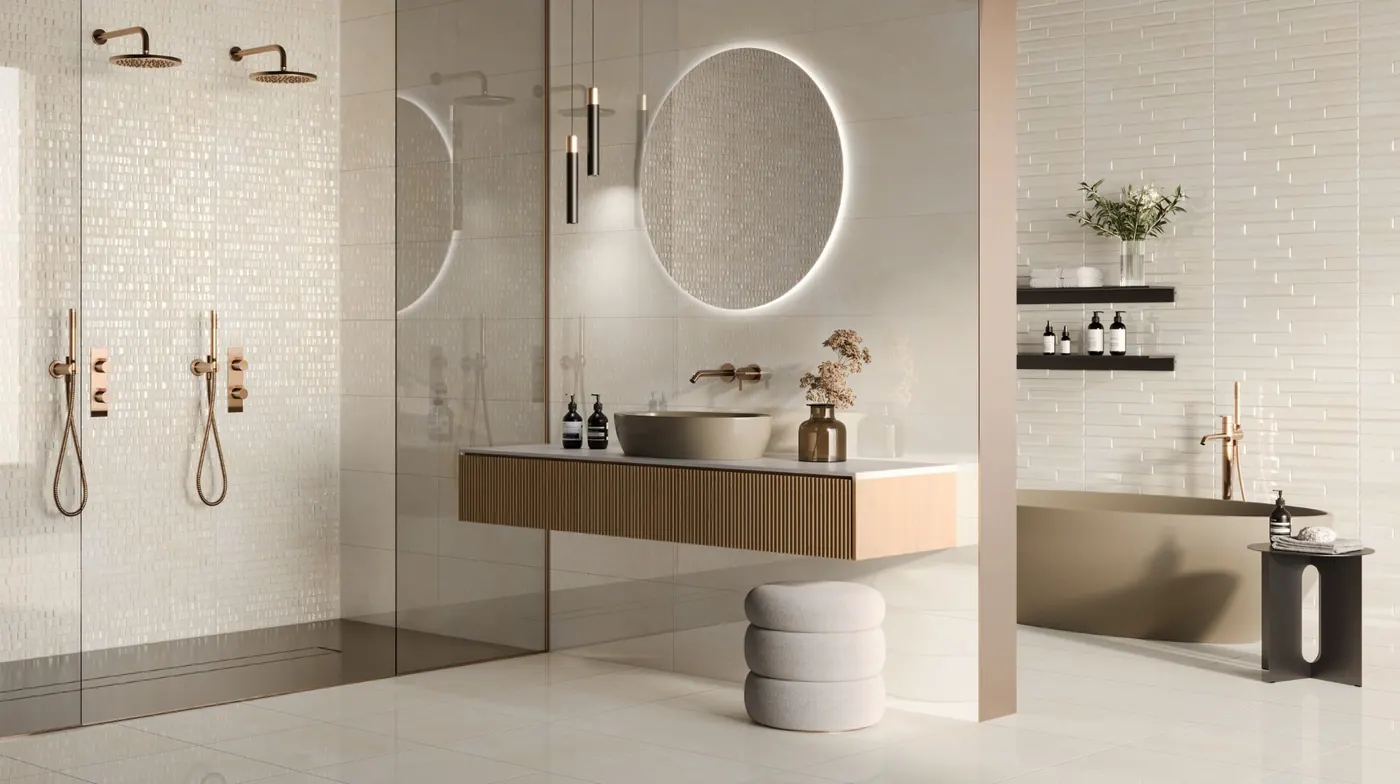 Bathroom with large-format wall tiles and a round mirror
