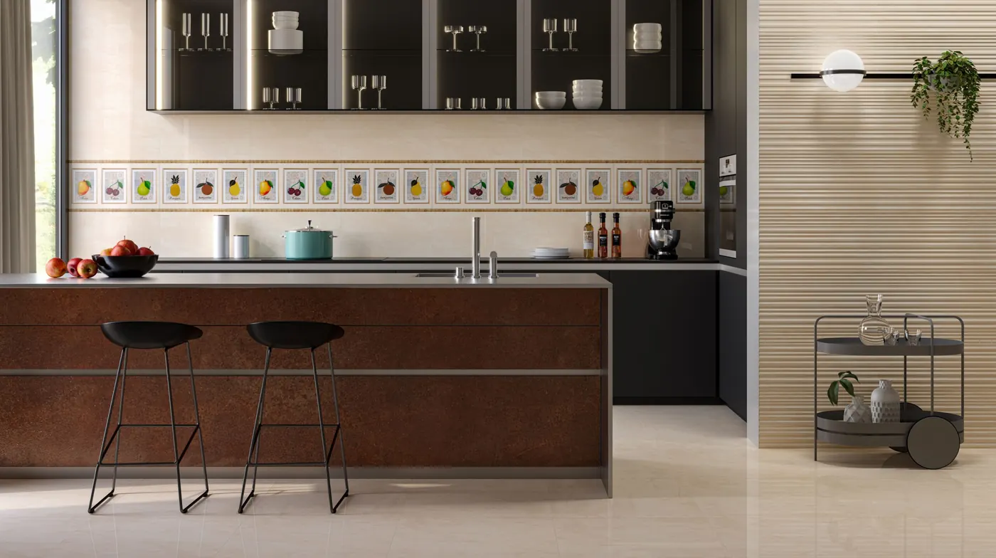 Kitchen with tiled floor and splashback
