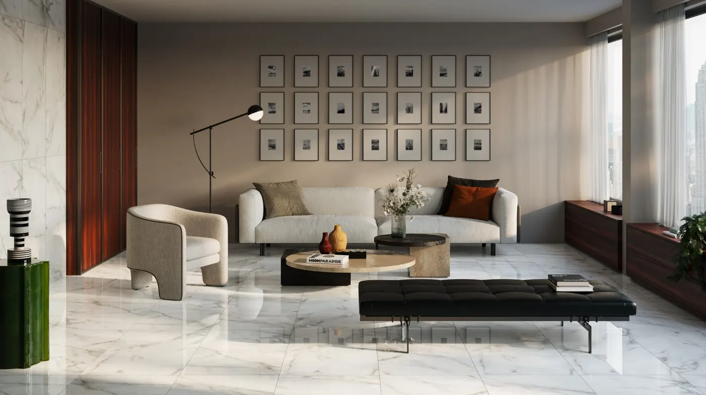 Living room with porcelain floor tiles