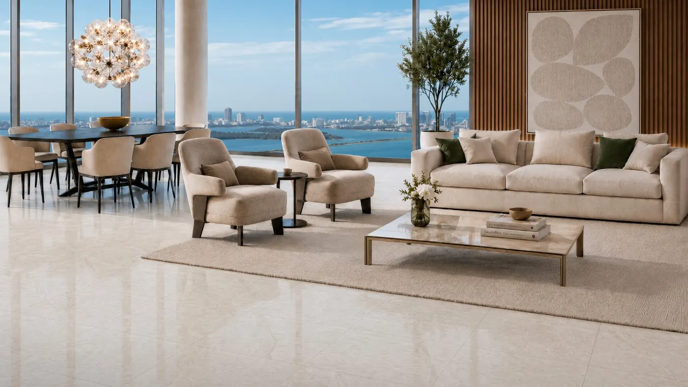 Marble-look floor tiles in a bright living room with a sea view