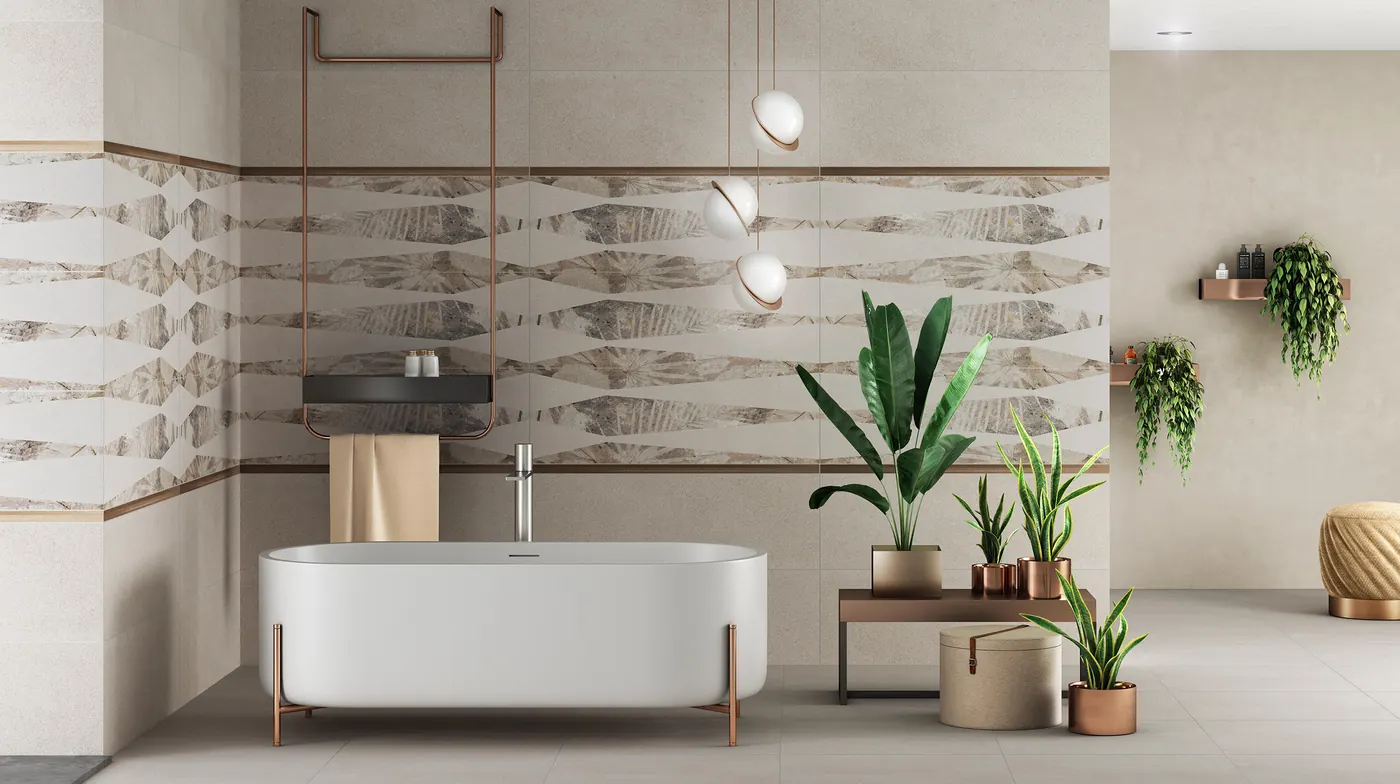Patterned wall tiles in a bathroom