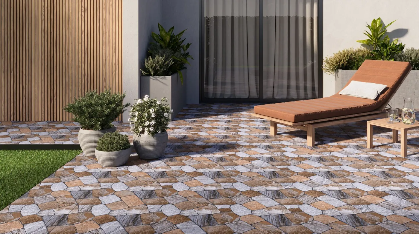 Patterned stone-look tiles on a terrace