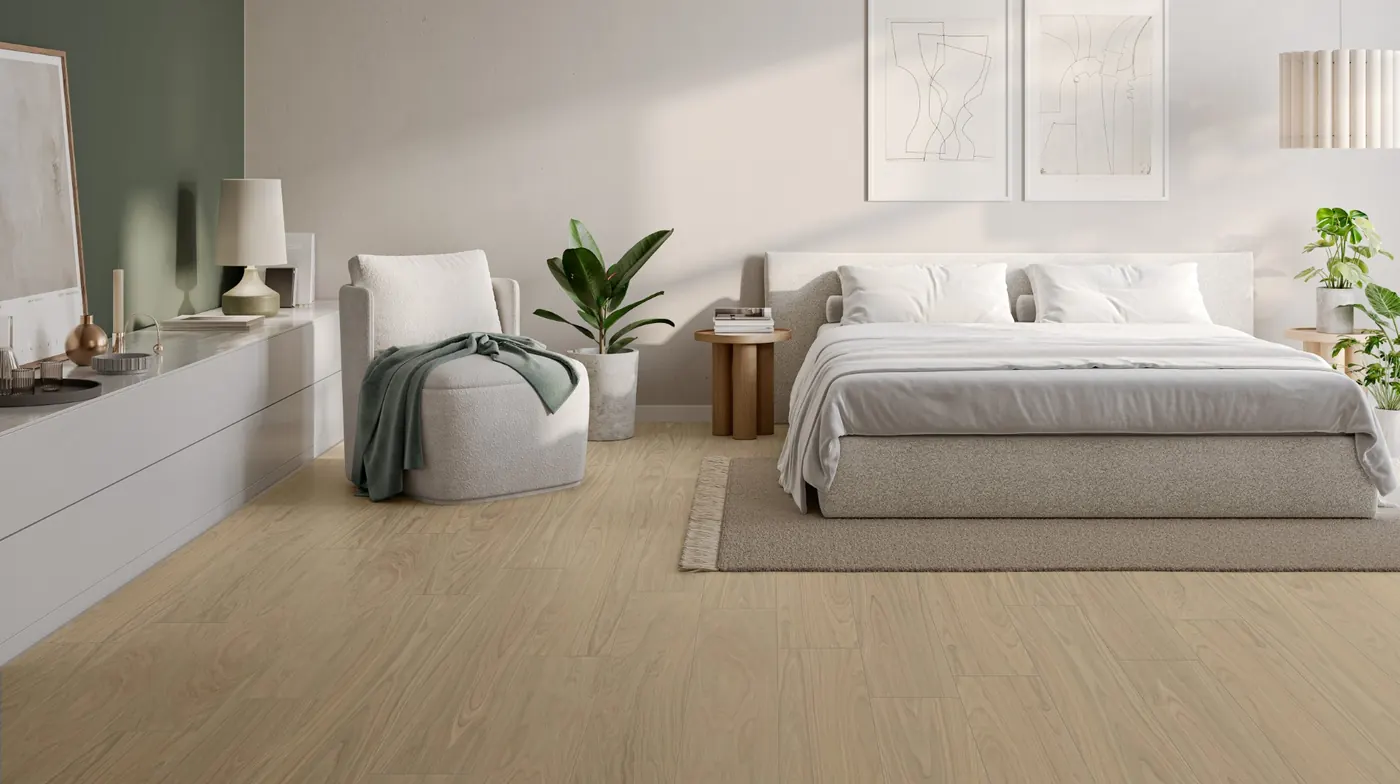 Wood-look floor tiles in a calm bedroom